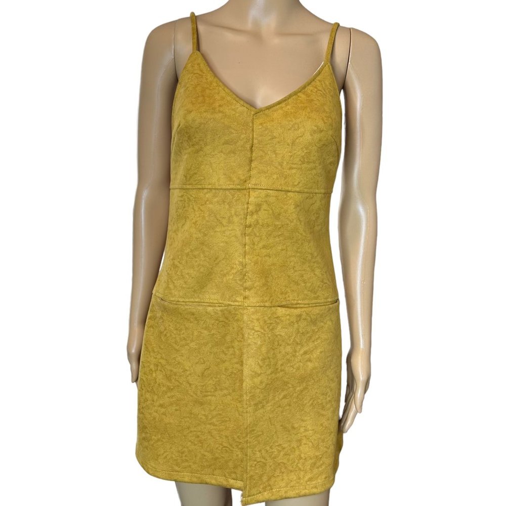 QA Shift Mini Dress Small S Yellow Sleeveless Pockets Velvet Stretch Slit Front